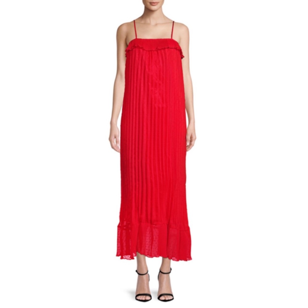Free Generation Red Pleated Midi Shift Dress
